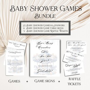 May include: A set of printable baby shower games, signs, and raffle tickets. The games include "Who Knows Mommy Best?" and "Baby Guesses". The signs include "How Many Candies Are In The Jar?" and "How Big Is Mommy's Belly?" The raffle tickets include "Diaper Raffle".