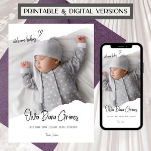 Modèle de faire-part de naissance nouveau-né imprimable, faire-part de bébé numérique avec photos, carte de présentation de bébé anniversaire, carte de remerciement