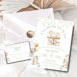 Carrusel Paquete de invitación de revelación de género Baby Shower editable Plantilla de invitación de fiesta de revelación de género Tarjeta de agradecimiento con foto de bebé RSVP imprimible