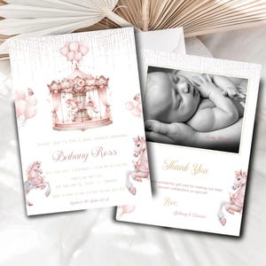 Convite para chá de bebê carrossel rosa, pacote de modelos de convite para chá de bebê para imprimir, cartão de agradecimento com foto de bebê editável, convite digital
