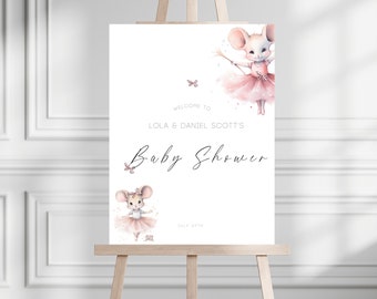 Cute Ballerina Mice Baby Shower Welcome Sign, Printable Girl Baby Shower Welcome Sign Template, Editable Pink Baby Shower Decor, Boho Sign