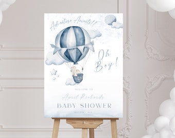 Boho Hot Air Balloon Baby Shower Welcome Sign, Blue Boy Baby Shower Welcome Sign Template, Printable Adventure Awaits Welcome Poster