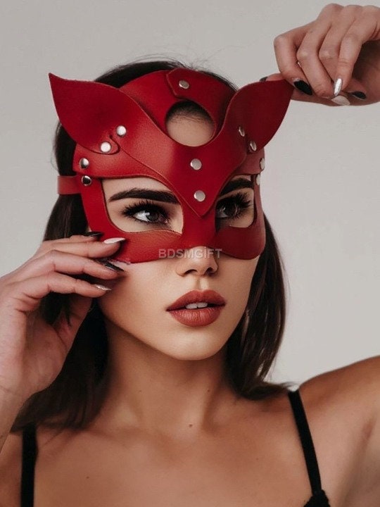 Black Leather Cat Mask, Cat Women Mask, Bdsm Red Cat Mask, Anime Mask