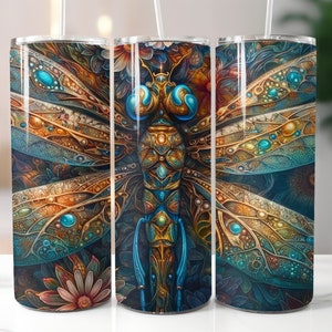 Colorful Dragonfly Tumbler Wrap PNG, 20oz Skinny Tumbler Wraps Templates - PNG