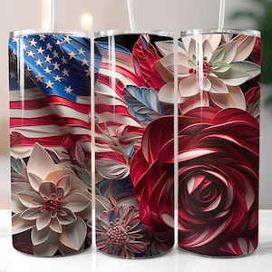 Patriotic Floral USA Red White Blue Tumbler Wrap PNG, 20oz Skinny Tumbler Wraps Templates - PNG