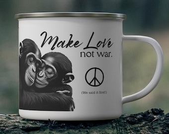 Bonobo enamel mug, peace love design, gift campers, lightweight durable cup for camping hiking