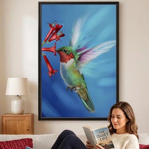 Konstnärlig kolibriposter | Fågelväggkonst | Färgglatt tryck | Dekorativ giclée med vilda djur