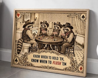 Raccoon Bathroom Wall Art, Funny Cowboy Poker Print, Western Toilet Humor Poster, Vintage Animal Bathroom Decor