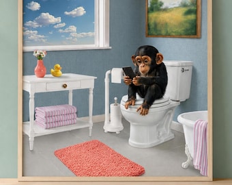 Chimpanzee Toilet Print, Funny Bathroom Animal Art, Whimsical Primate Decor, Quirky Wall Art, Funny Bathroom Wall Art