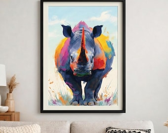 Rhino Poster | Colorful Wildlife Wall Art | Bold Oil Painting Print