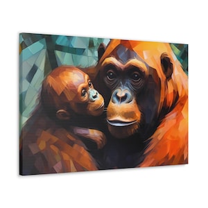 Orangutan Mom and Baby Canvas Art: Geometric Jungle Print
