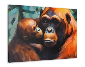 Orangutan Mom and Baby Canvas Art: Geometric Jungle Print