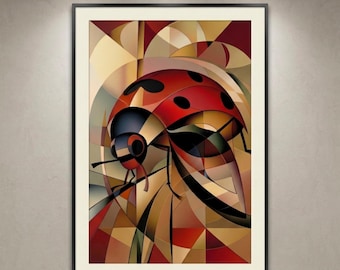 Ladybug Poster | Abstract Geometric Insect Print | Modern Cubist Bug Artwork | Red Black Wildlife Design