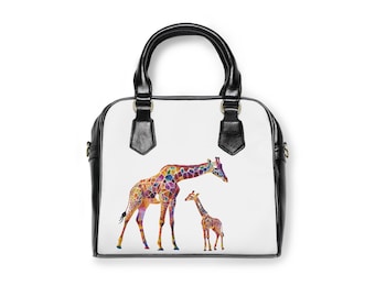 Giraffe Purse | Mother and Baby Giraffe White Satchel | Wildlife Crossbody Bag | Colorful giraffes