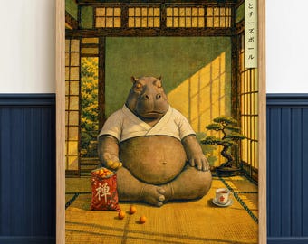 Funny Bathroom Wall Art, Zen Hippo Japanese Animal Poster, Whimsical Meditation Room Decor
