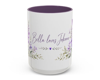 Personalized Purple Wildflower Mug, Custom Name Floral Coffee Cup, Botanical Watercolor Flower Mug, Two Tone Purple Mug Gift