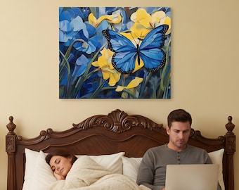 Butterfly Wall Art, Blue Monarch Canvas Print with Yellow Flowers