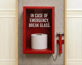 Funny Bathroom Wall Art, In Case of Emergency Break Glass Toilet Paper Print, Red Bathroom Decor