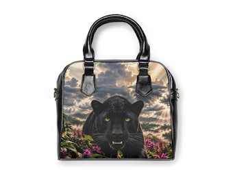 Black Panther Shoulder Bag, Double-Sided Jungle Art, Faux Leather Handbag