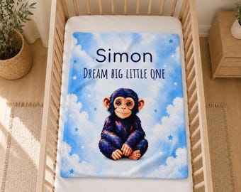 Personalized Baby Chimp Blanket, Custom Name Safari Nursery Decor, 30x40 Inches