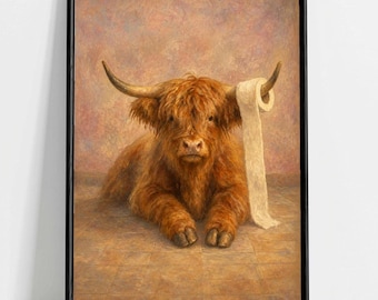 Funny Highland Cow Bathroom Wall Art with Toilet Paper