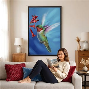 Konstnärlig kolibriposter | Fågelväggkonst | Färgglatt tryck | Dekorativ giclée med vilda djur