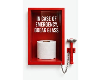 Funny Bathroom Wall Art (SPECIAL WHITE EDITION), In Case of Emergency Break Glass Toilet Paper Print, Red Bathroom Decor
