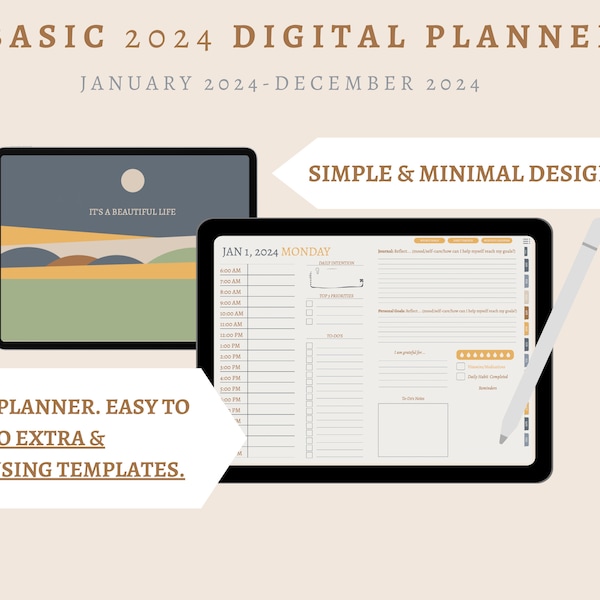 Artsy & simple 2024 Digital Planner, digital planner Goodnotes, digital planner iPad, digital planner template, goodnotes cover