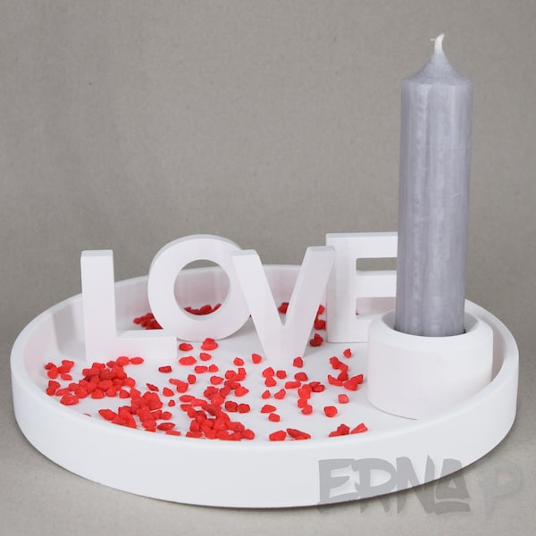 Dekoteller LOVE komplett mit Kerzenhalter, Kerze, Granulat, Schrift