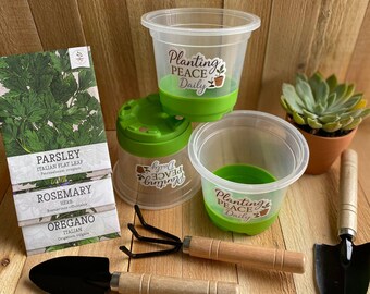Herb Garden Kit Indoor Gardening Set Beginner Gardener Gift Kitchen Herb Starter Windowsill Growing Cup Plastic Tool Wooden Handle Peace