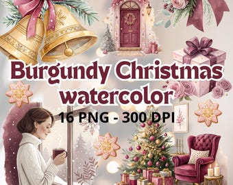 12 Watercolor Burgundy Christmas Clipart, Dark Red Holiday Decor ,Christmas Ornaments in Red Cozy Burgundy Instant Download