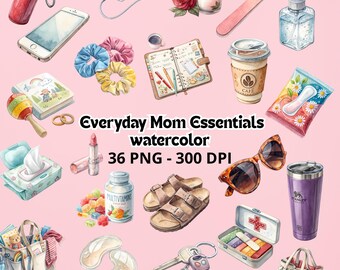 May include: Watercolor illustration of everyday mom essentials on a pink background. Includes a water bottle, phone, journal, coffee cup, sunglasses, sandals, and more. Text reads "Everyday Mom Essentials watercolor 36 PNG - 300 DPI."
