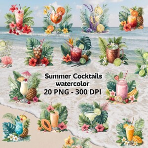 20 akvarell sommarcocktails clipart digital nedladdning tropiska drinkar och poolpartycocktails PNG
