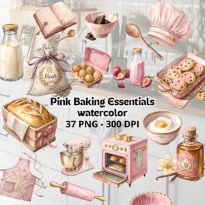 Könnte beinhalten: Aquarell-Illustration von rosa Backutensilien. Enthält eine Kochmütze, einen Mixer, einen Ofen, eine Teigrolle und verschiedene Zutaten. Der Text "Pink Baking Essentials watercolor" ist zu sehen.