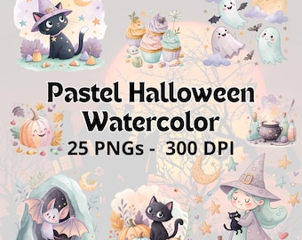 May include: Watercolor illustrations with a pastel Halloween theme. The image includes a black cat wearing a witch hat, ghosts, pumpkins, cupcakes, a bat, and a witch. Text reads "Pastel Halloween Watercolor 25 PNGs - 300 DPI."