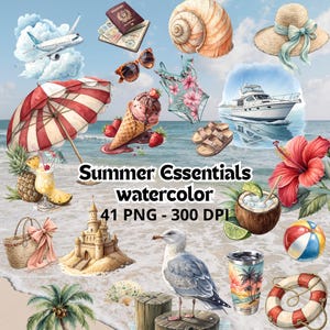 May include: Watercolor illustration of summer essentials, including a beach umbrella, sunglasses, ice cream, swimsuit, sandals, and a yacht. The image also features a seashell, passport, and a seagull. Text reads "Summer Essentials watercolor".