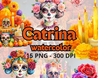 Watercolor Catrina Clipart Day Of The Dead PNG Mexican Halloween Dia De Los Muertos PNG Digital Download