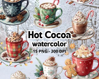 15 Watercolor Hot Cocoa Clipart Instant Download Christmas Chocolate Mug Illustration Holiday Drinks Graphics