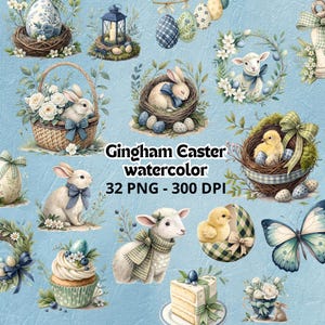 May include: Watercolor illustrations of Easter-themed elements on a light blue background. The image includes bunnies, lambs, chicks, eggs, and butterflies, all adorned with gingham patterns and floral accents. Text reads "Gingham Easter watercolor 32 PNG - 300 DPI."