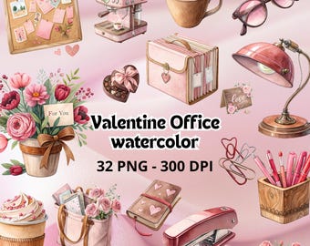 May include: Watercolor illustrations of Valentine's Day office supplies and decor. Includes a coffee cup with heart art, a pink espresso machine, a bulletin board, a desk lamp, and a stapler. The text reads "Valentine Office watercolor 32 PNG - 300 DPI."