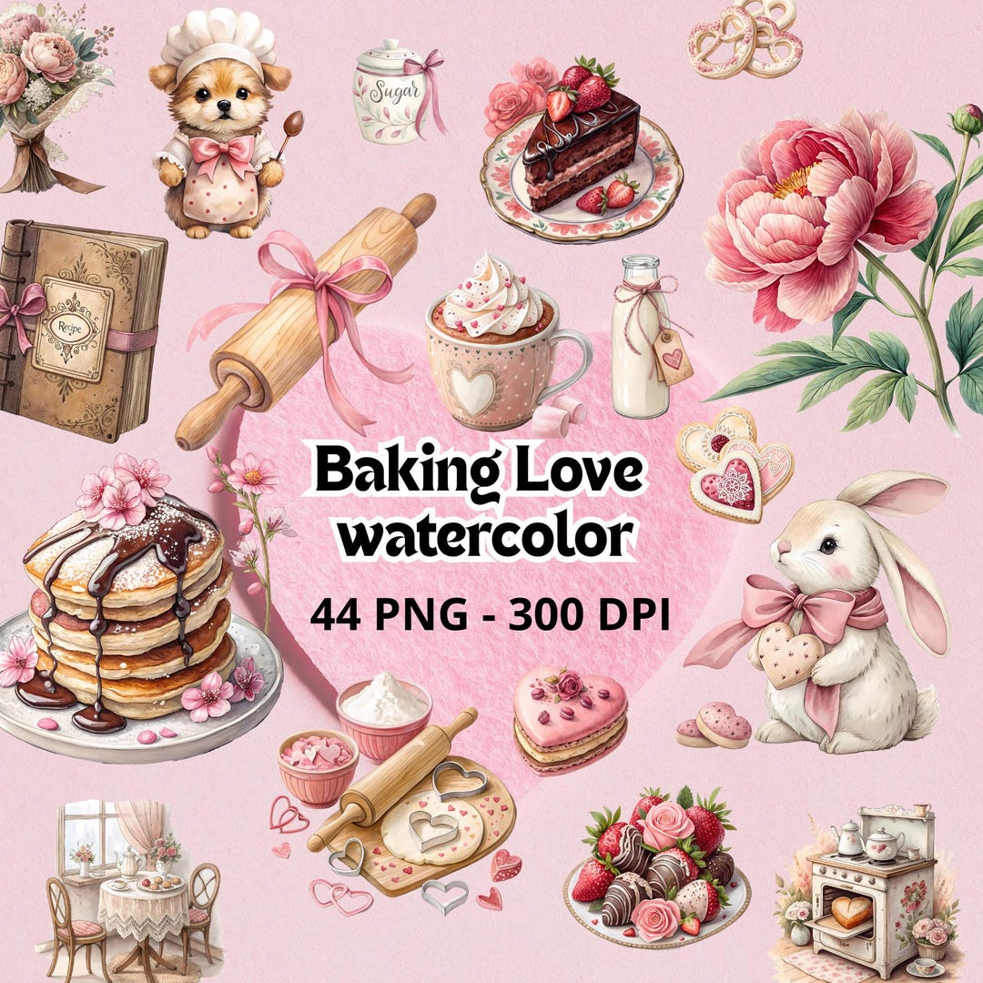 44 Watercolor Baking Love Clipart Instant Download Valentine Day Bakery ...