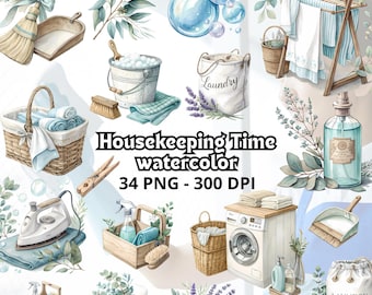 May include: Watercolor illustrations of laundry and cleaning supplies. The image includes a broom, laundry basket, washing machine, iron, and a laundry bag. The text "Housekeeping Time watercolor" is also visible.