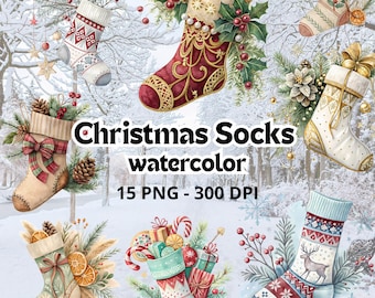 15 imágenes prediseñadas de calcetines navideños en acuarela para descarga instantánea. Imágenes prediseñadas de calcetines navideños de punto. Calcetines navideños en formato PNG.