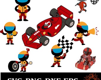 May include: A red race car with a checkered flag, a blue and yellow race car driver, and other race car drivers in various poses. The image is a digital illustration of a race car theme.