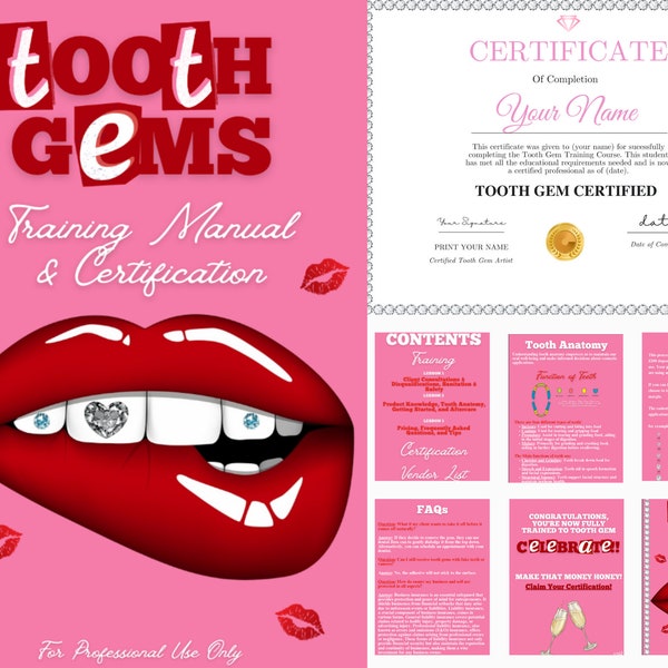 Manuel de formation complet de Tooth Gem + certification, formulaire de consentement de Tooth Gem, FAQ, édition dans Canva, 6 figures Side Hustle, à votre rythme