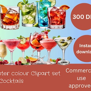 Clipart z akwarelą przedstawiający koktajl tropikalny | Pobieranie cyfrowe | 10 pojedynczych plików PNG | Wystrój domu | Sztuka na wózku barowym | Wydruki wysokiej jakości |