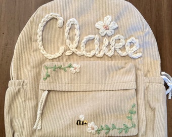 Custom Corduroy Backpack, Personalized Floral Bee Design