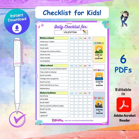 Daily Checklist | Daily Chores List for Ages 6-12 | A4 and US Letter | 5-day, 7-Day formats | PDF files | ePrintables | P3