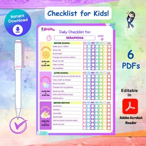 Lista de verificación diaria editable para niños / Lista de tareas diarias para edades de 6 a 12 años / A4 y carta estadounidense / Formatos de 5 y 7 días / Archivos PDF / P2