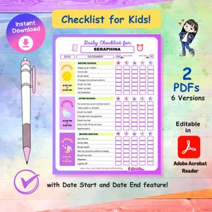 Lista kontrolna dnia | Lista codziennych obowiązków dla dzieci w wieku 6-12 lat | A4 i US Letter | Formaty 5-dniowe, 7-dniowe | Pliki PDF | ePrintables | Rainbow